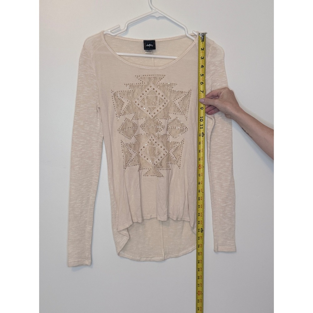 Daytrip Cream Lace Rhinestone High Low Long Sleeve Top XS Ivory Marl - Picture 4 of 6